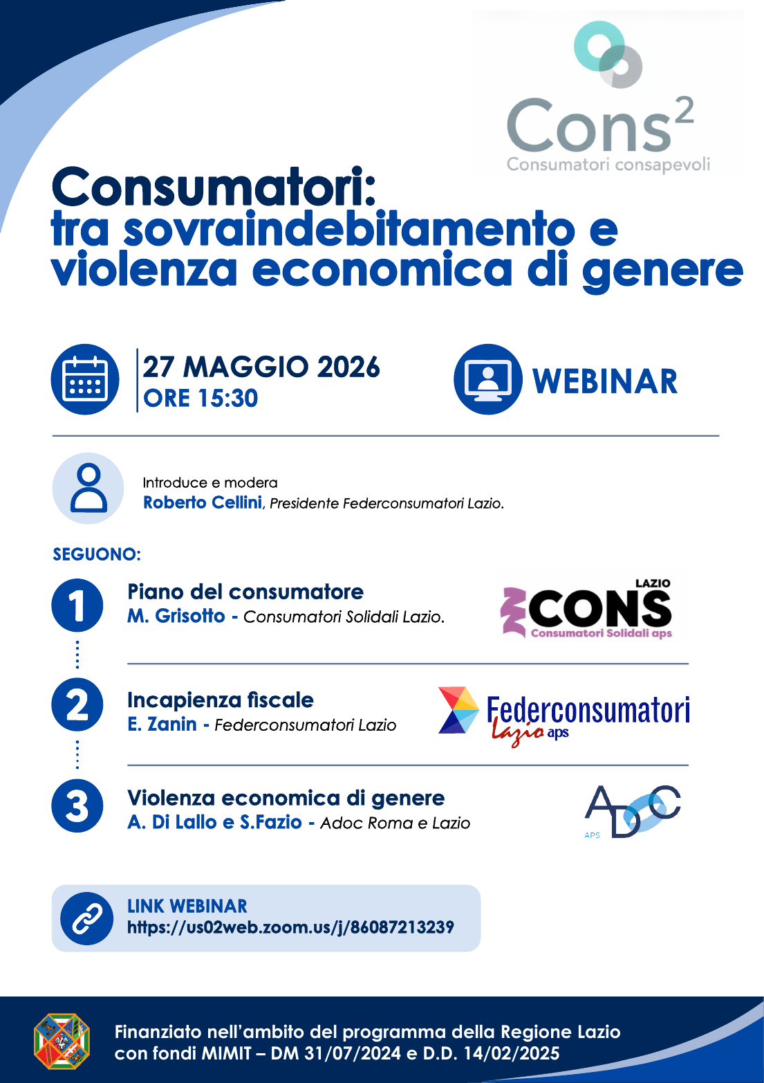 Locandina del webinar "Consumatori: tra sovraindebitamento e violenza economica di genere"